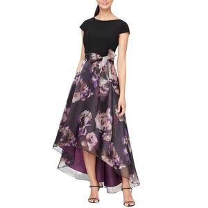 SLNY | Black and purple high-low floral maxi dress | Size 8 | NWT